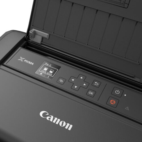 Canon PIXMA TR150 תקריב על מסך OLED ולוח כפתורים