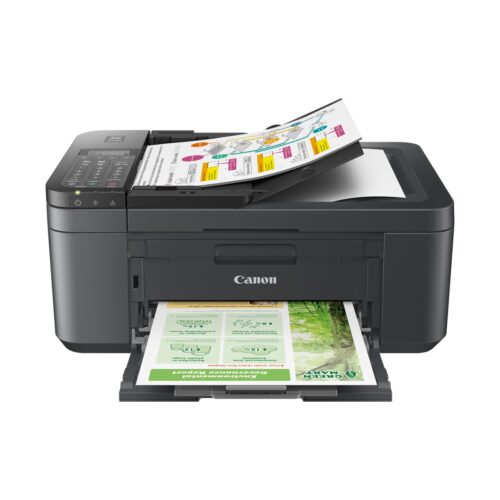 מדפסת Canon PIXMA TR4755i בזווית עם מזין מסמכים אוטומטי פתוח ודף מודפס