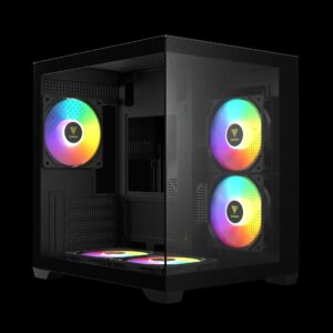 מארז מחשב GAMDIAS AURA GC101M מלפנים עם 5 מאווררי ARGB דולקים וזכוכית מחוסמת