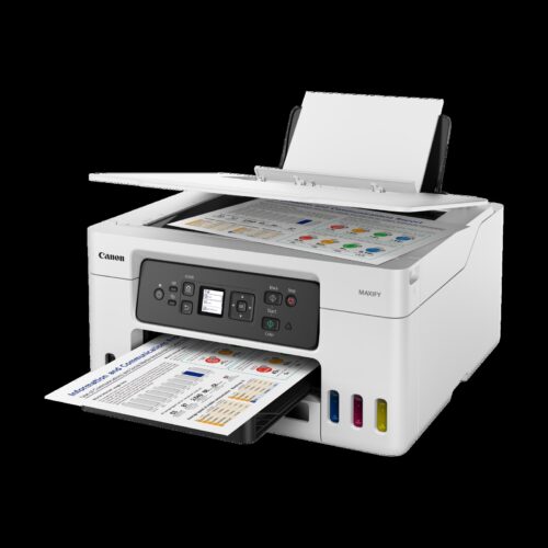Canon MAXIFY GX3040 - מכסה הסורק פתוח עם מיכלי הדיו הצבעוניים