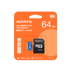 כרטיס זיכרון ADATA MicroSDHC 64GB באריזה עם מתאם SD