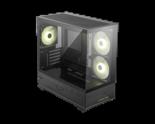 מארז מחשב MSI MAG PANO M110R שחור מזווית עם תאורת ARGB ותצוגת פנים המארז