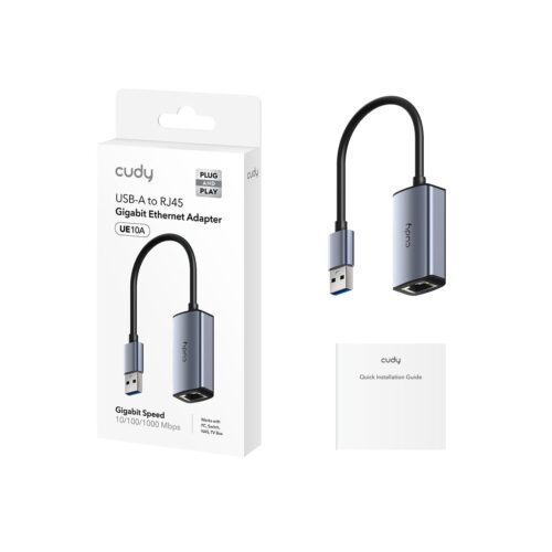 מתאם רשת CUDY UE10A - אריזה מקורית, המתאם ומדריך התקנה מהיר